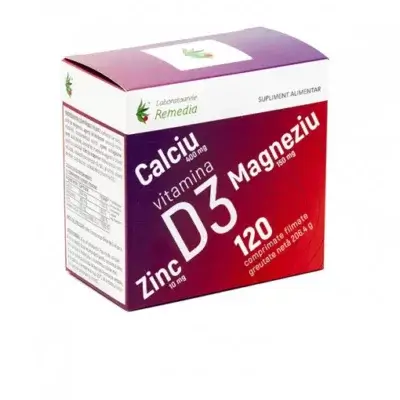 Ca + Mg + Zn + Vitamina D3, 120 comprimate, Remedia