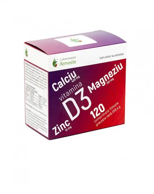 Ca + Mg + Zn + Vitamina D3, 120 comprimate, Remedia