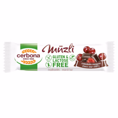 Baton musli fără gluten cu ciocolată și vișine, 35g, Cerbona