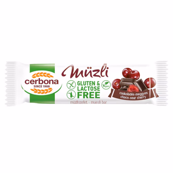 Baton musli fără gluten cu ciocolată și vișine, 35g, Cerbona