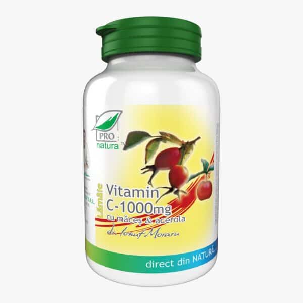 6420488011109 Vitamina C cu Măceș și Acerola - aromă Lămâie, 1000 mg, 60 comprimate, Pro Natura