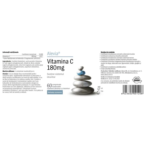 6423602001208-1 Vitamina C, 180 mg, 60 comprimate masticabile, Alevia