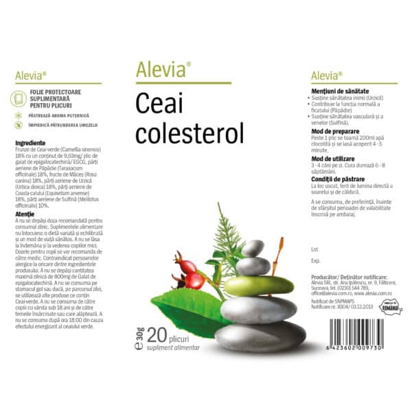 Ceai colesterol, 20 plicuri, Alevia Ceai colesterol, 20 plicuri, Alevia – etichetă