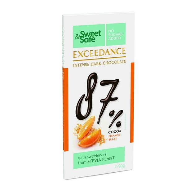 Ciocolata intens amaruie 87 cu portocala si indulcita stevie 90gr Sly Nutritia