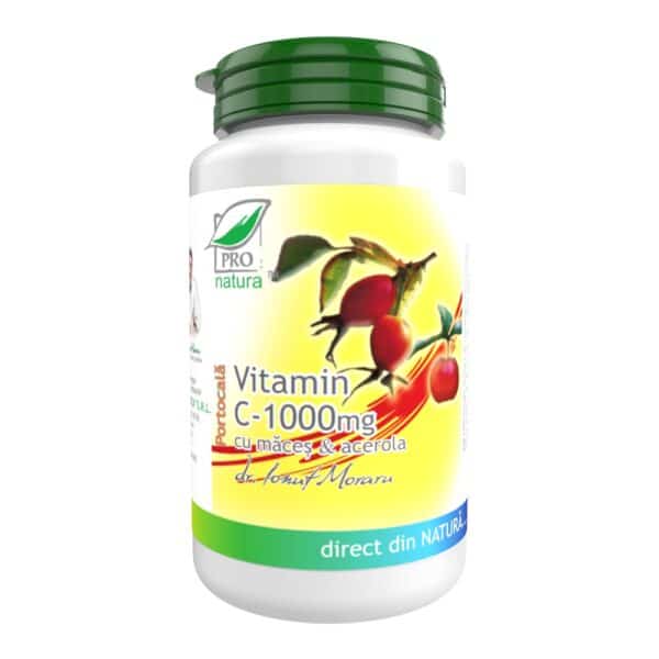 6420488011116 Vitamina C 1000mg cu Măceș și Acerola, aromă de portocale, 60 comprimate, Pro Natura