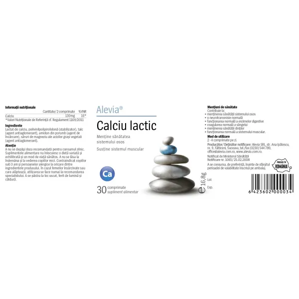 Calciu Lactic, 30 comprimate, Alevia