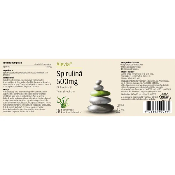 Spirulină 500mg, 30 comprimate, Alevia