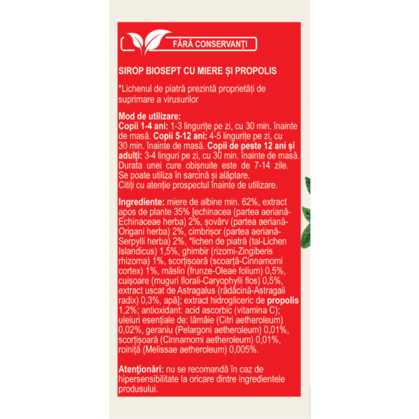 Biosept cu miere și propolis A13, sirop, 100 ml, Fares – imagine 2