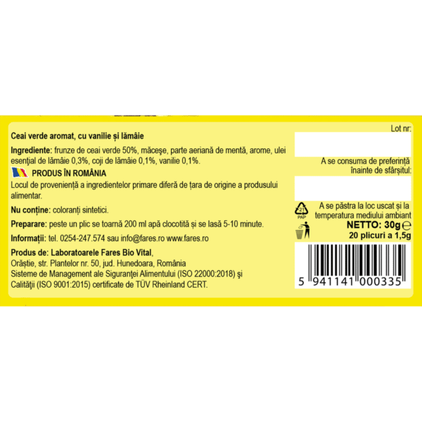 Ceai verde cu vanilie și lămâie, 20 plicuri, Fares – imagine 2