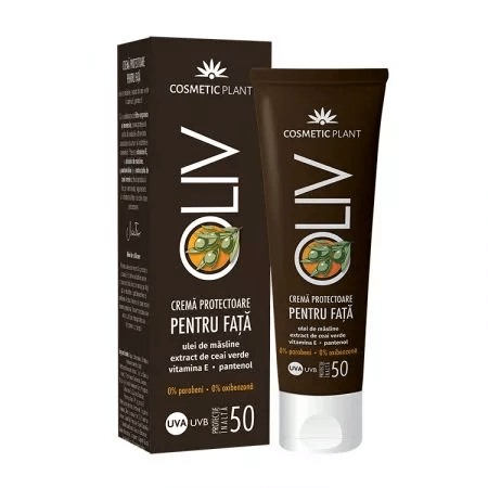 crema protectoare pentru fata oliv cu spf50 cu ulei de masline ceai verde vitamina e si pantenol 50ml cosmetic plant