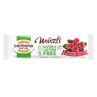 Baton musli fără gluten cu ciocolată și zmeură, 35g, Cerbona