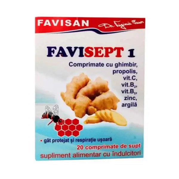 Favisept 1 Ghimbir, propolis, vit C, vit B2, vit B5, zinc, argilă, 20 comprimate, Favisan