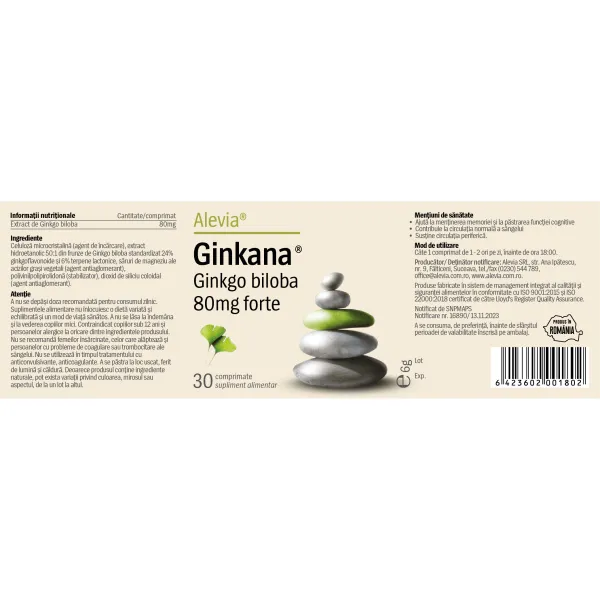 Ginkana Ginko Biloba Forte 80mg, 30 comprimate, Alevia