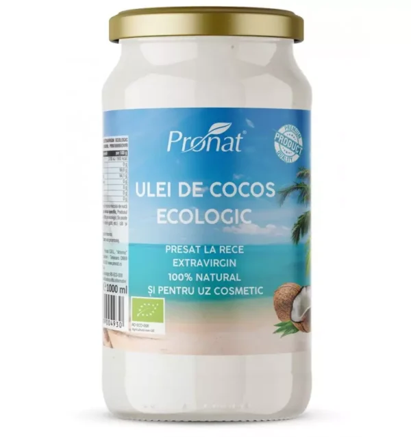 Ulei de cocos extravirgin bio presat la rece, 1000ml, Pronat