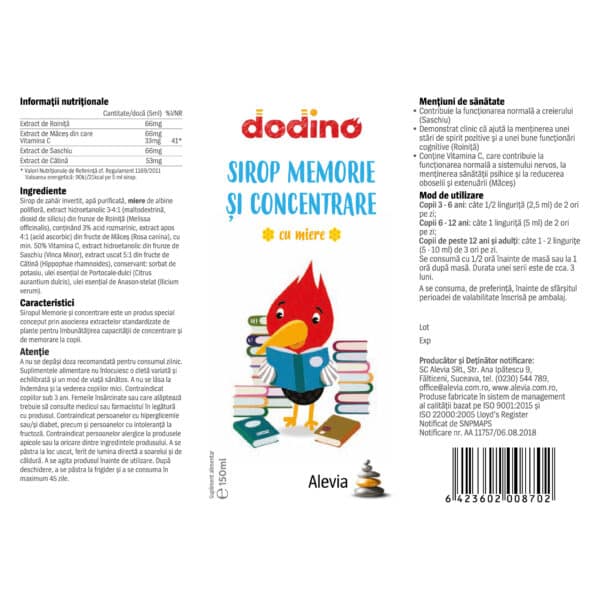 Sirop Memorie și Concentrare, Dodino, 150ml, Alevia – etichetă