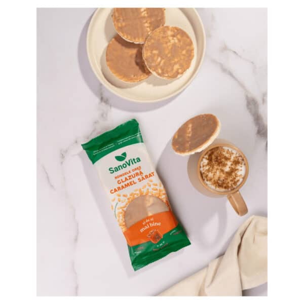 Rondele de orez cu glazură de caramel sărat, 66 g, Sanovita