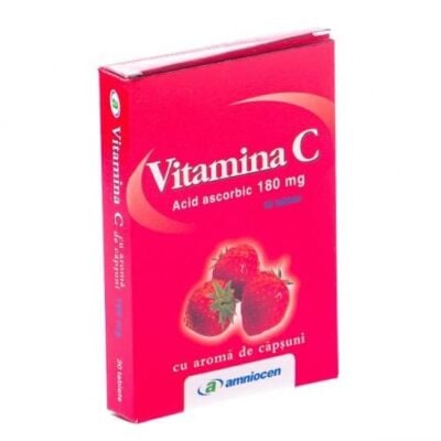 Vitamina C cu aromă de căpșuni 180 mg, 24 comprimate, Amniocen