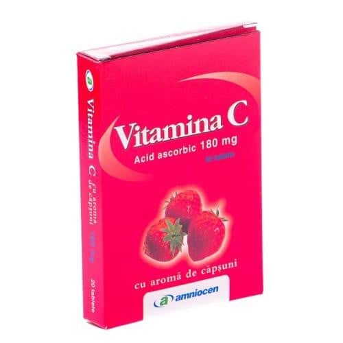 Vitamina C cu aromă de căpșuni 180 mg, 24 comprimate, Amniocen