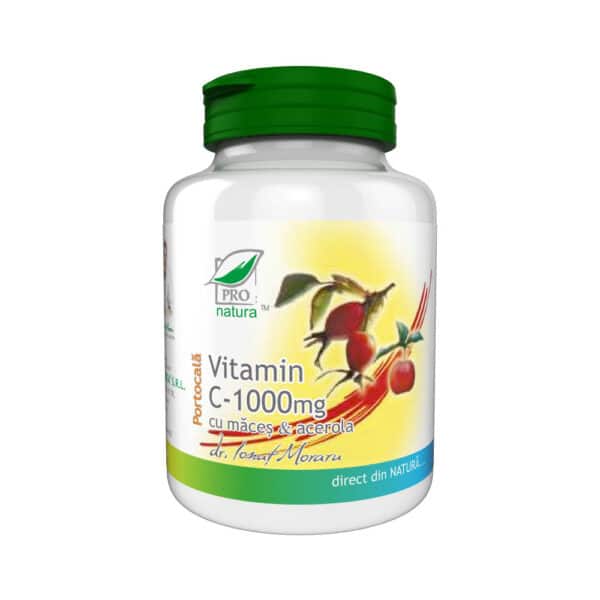 Vitamina C 1000mg cu Măceș și Acerola, aromă de portocale, 100 comprimate, Pro Natura