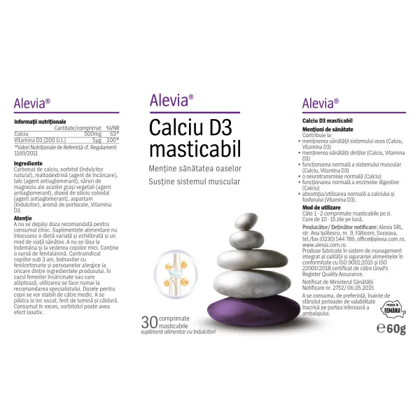 Calciu D3 masticabil, 30 comprimate, Alevia