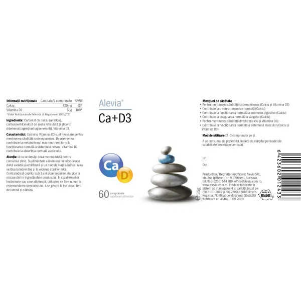 Calciu + Vitamina D3, 60 comprimate, Alevia