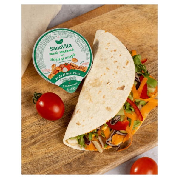 Pastă vegetală din bob cu roșii și ceapă, 100 g, Sanovita Pastă vegetală din bob cu roșii și ceapă, 100 g, Sanovita