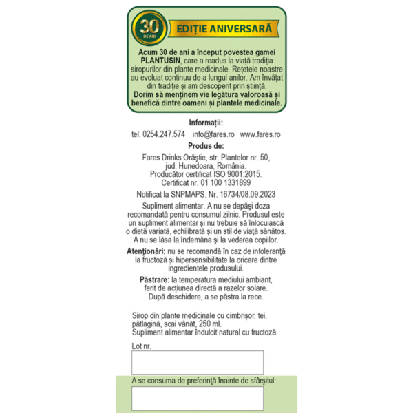 Plantusin pentru copii R35, sirop cu fructoză, 250 ml, Fares – imagine 4