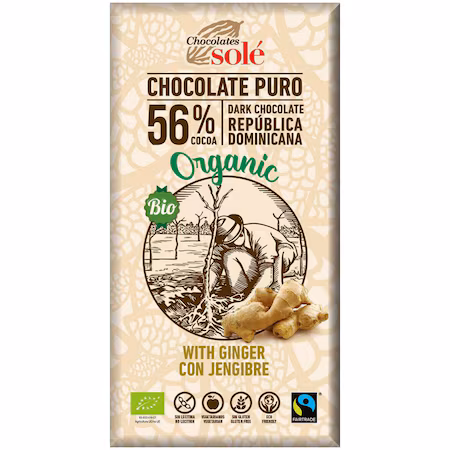 Ciocolată neagră BIO cu ghimbir 56 % cacao, 100 g, Pronat