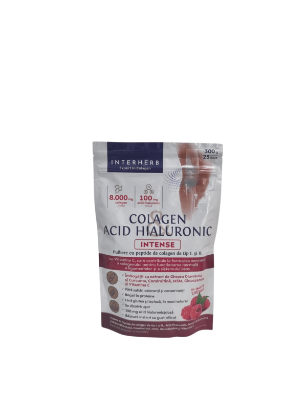 Colagen și Acid Hialuronic Intense Pulbere Aromă Zmeură, 300g, Interherb