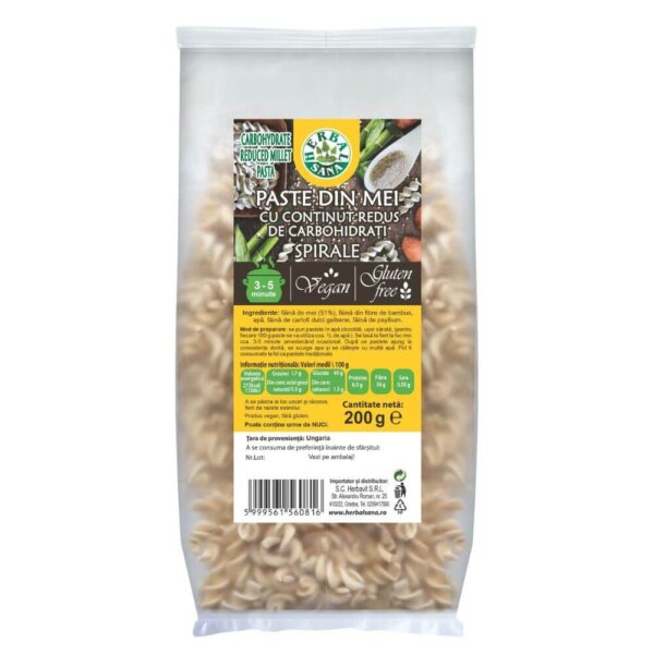 Paste din mei cu conținut scăzut de carbohidrați, spirale, 200 g, Herbal Sana