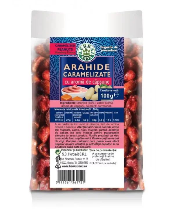 Arahide caramelizate cu aromă de căpșune, 100 g, Herbavit
