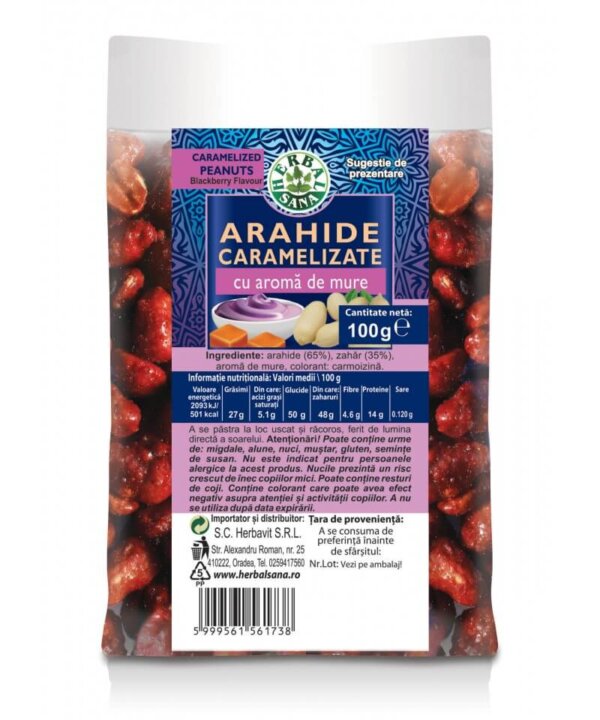 Arahide caramelizate cu aromă de mure, 100 g, Herbavit