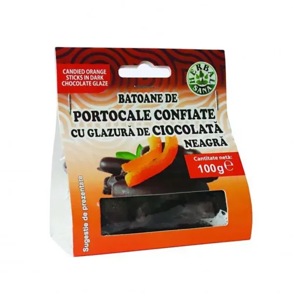 Batoane de portocale confiate cu glazură de ciocolată neagră, 100 g, Herbal Sana