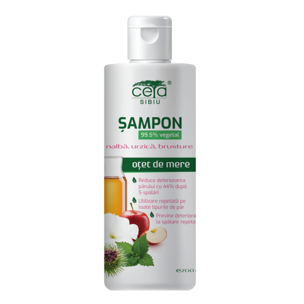 Șampon de legume 99.5% cu oțet de mere, nalbă, urzică și brusture, 200 ml, Ceta