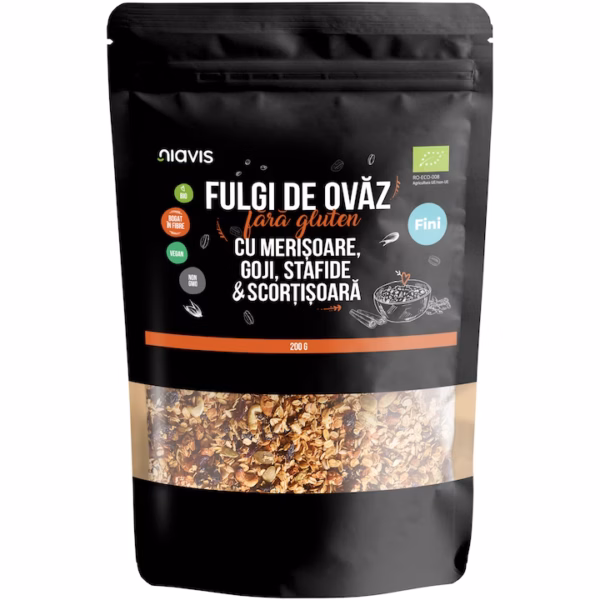Fulgi de Ovăz Fini Fără Gluten cu Merișoare, Goji, Stafide și Scorțișoară Ecologici/Bio, 200g, Niavis