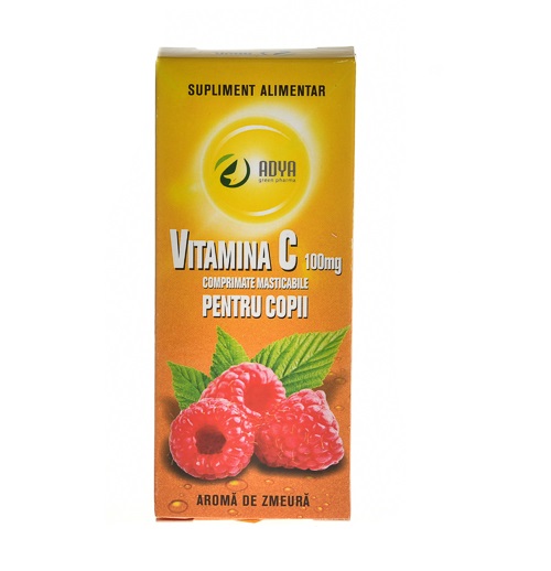 Vitamina C 100 mg aroma de zmeura pentru copii, 30 tablete, Adya
