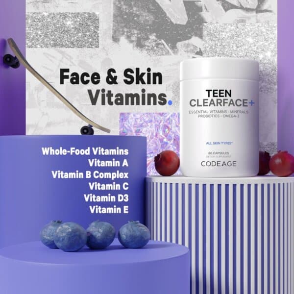 Codeage Teen Clearface Daily Multivitamin & Minerals, Complex De Multivitamine Pentru Adolescenti Pentru Ten Sanatos, 60 Cps