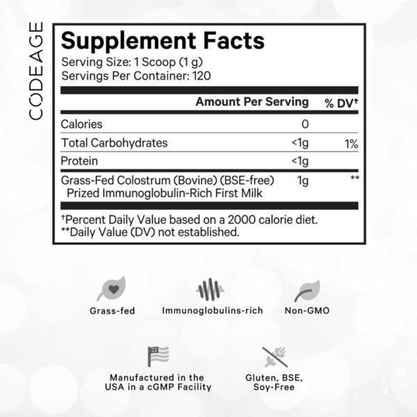 Codeage Bovine Colostrum Powder Unflavored Immunoglobulin Rich, Colostru Bovin Cu Imunoglobuline Pentru Imunitate Si Digestie Fara Aroma, 120g