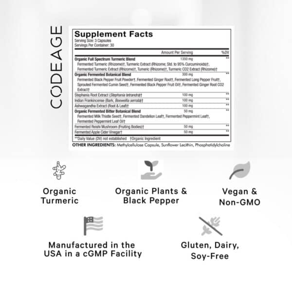 Codeage  Turmeric Lipozomal Fermentat + Piper Negru,  Curcumin Si Ghimbir, 90 Cps