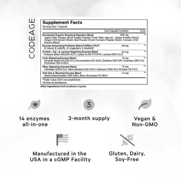 Codeage Fermented Digestive Enzymes With Probiotics & Prebiotics, Enzime Digestive Cu Probiotice Si Prebiotice Pentru Sustinerea Digestiei, 90 Cps