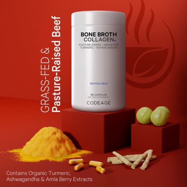 Codeage Bone Broth Collagen Peptides, Peptide Din Colagen De Tipul I, Ii & Iii Din Fiertura De Oase Cu Turmeric Si Ashwagandha, 180 Cps
