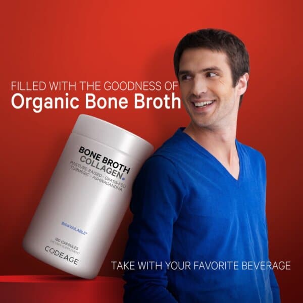 Codeage Bone Broth Collagen Peptides, Peptide Din Colagen De Tipul I, Ii & Iii Din Fiertura De Oase Cu Turmeric Si Ashwagandha, 180 Cps