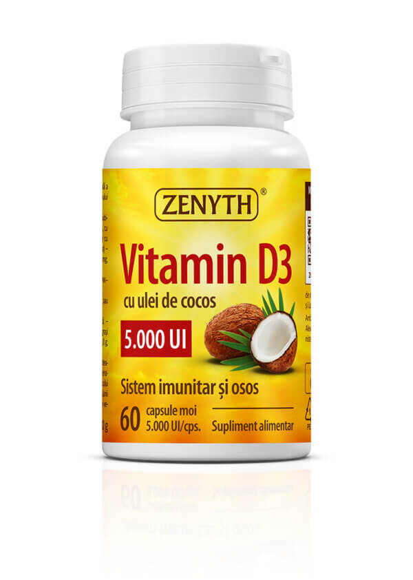 Vitamina D3 cu ulei de cocos, 5000UI, 60 capsule, Zenyth