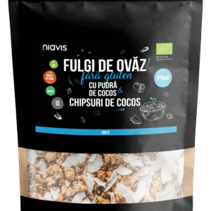 Fulgi de ovăz fini fără gluten cu pudră de cocos și chipsuri de Cocos Ecologici/Bio, 200g, Niavis