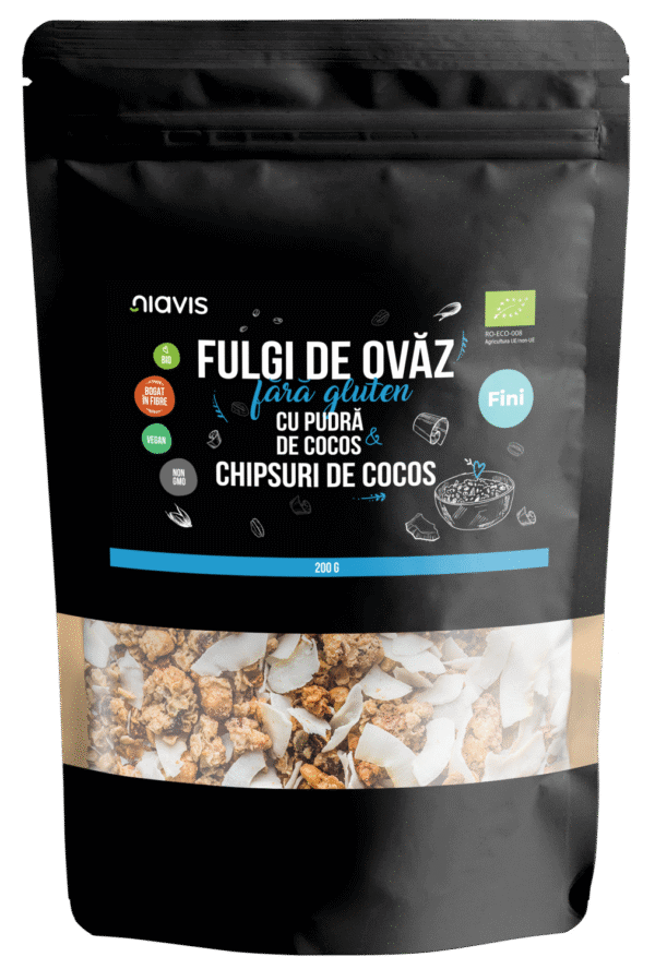 Fulgi de ovăz fini fără gluten cu pudră de cocos și chipsuri de Cocos Ecologici/Bio, 200g, Niavis