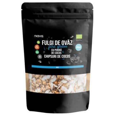 Fulgi de ovăz fini fără gluten cu pudră de cocos și chipsuri de Cocos Ecologici/Bio, 200g – Niavis