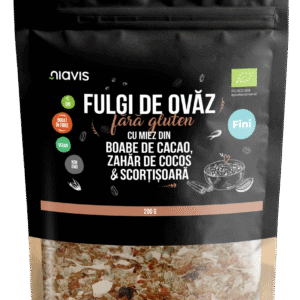 Fulgi de ovăz fini fără gluten cu miez din boabe de cacao, zahăr de cocos și scorțișoară Ecologici/Bio, 200g, Niavis