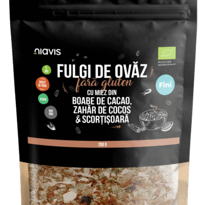 Fulgi de ovăz fini fără gluten cu miez din boabe de cacao, zahăr de cocos și scorțișoară Ecologici/Bio, 200g, Niavis