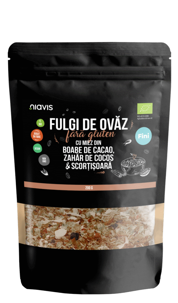 Fulgi de ovăz fini fără gluten cu miez din boabe de cacao, zahăr de cocos și scorțișoară Ecologici/Bio, 200g, Niavis