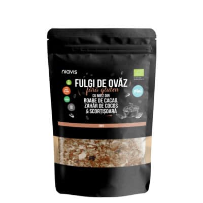 Fulgi de ovăz fini fără gluten cu miez din boabe de cacao, zahăr de cocos și scorțișoară Ecologici/Bio, 200g – Niavis